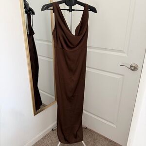 Elegant Brown Sleeveless Cowl Neck Maxi Dress